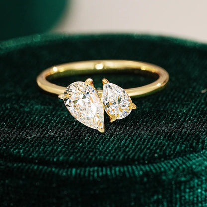 100% 18K real gold moissanite double stone ring for women, square water drop exaggerated ring, high-end jewelry for girlfriend