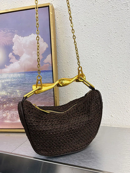 Metal Handle Straw Bags for Women Half Moon Rattan Woven Chain Shoulder Bag Bohemian Travel Beach Bag Designer Crossbody Handbag