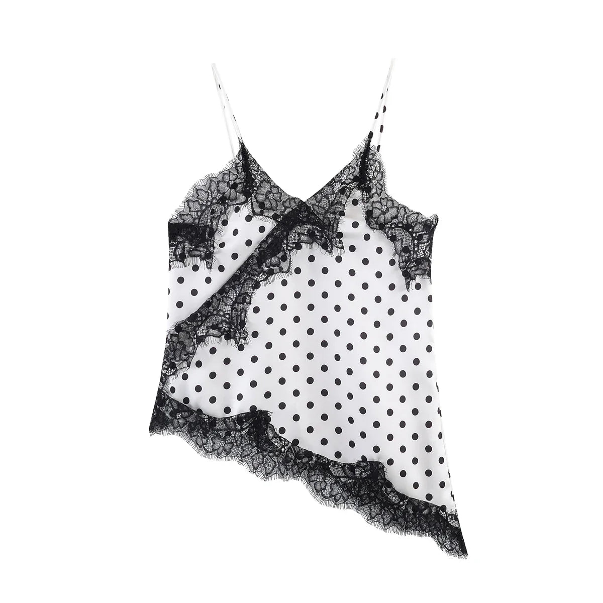 Women 2026 Trend Polka Dot Sling Tops Asymmetric Sleeveless V-Neck Lace Decorative Tops Elegant Fashion Holiday Outfits Camis
