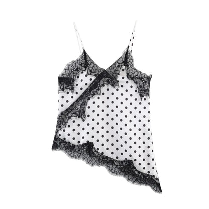 Women 2026 Trend Polka Dot Sling Tops Asymmetric Sleeveless V-Neck Lace Decorative Tops Elegant Fashion Holiday Outfits Camis