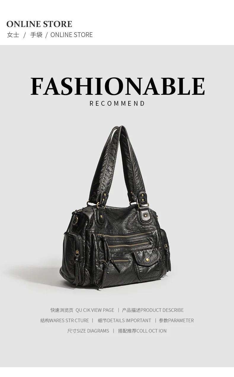 Y2K Hot Women's Punk Biker Tote Bag Large Capacity PU Leather Crossbody Purse with Multi Pockets for Work Commute Moto Style