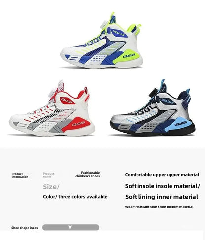 Kids Sneakers Basketball Shoes Boys Spring Fashion Rotating Button Anti-slip Shock Absorption School Students Sports Shoes