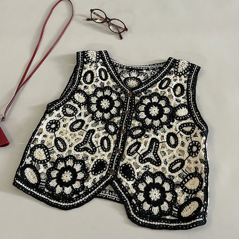 Floral Crochet Vest for Women Openwork Button Front Sleeveless Jacket Waistcoat Bohemian Summer Beach Vacation Outfit