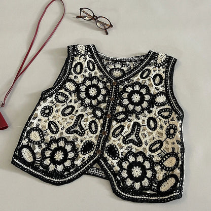 Floral Crochet Vest for Women Openwork Button Front Sleeveless Jacket Waistcoat Bohemian Summer Beach Vacation Outfit