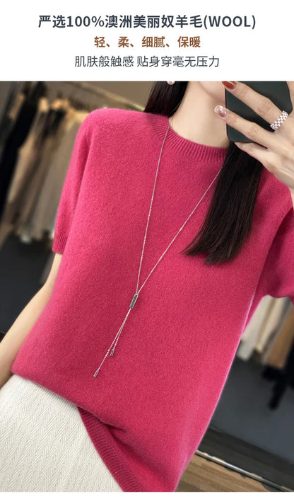 100% pure wool T-shirt spring and summer new women's O-neck pullover short sleeve loose five-sleeve sweater high-end top