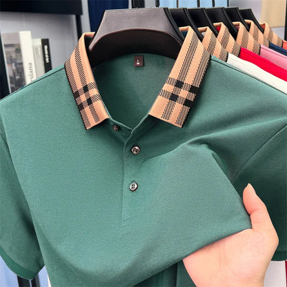 Fashion brand plaid lapel short sleeve polo shirt men summer new style simple solid color high-end business casual golf T-shirt