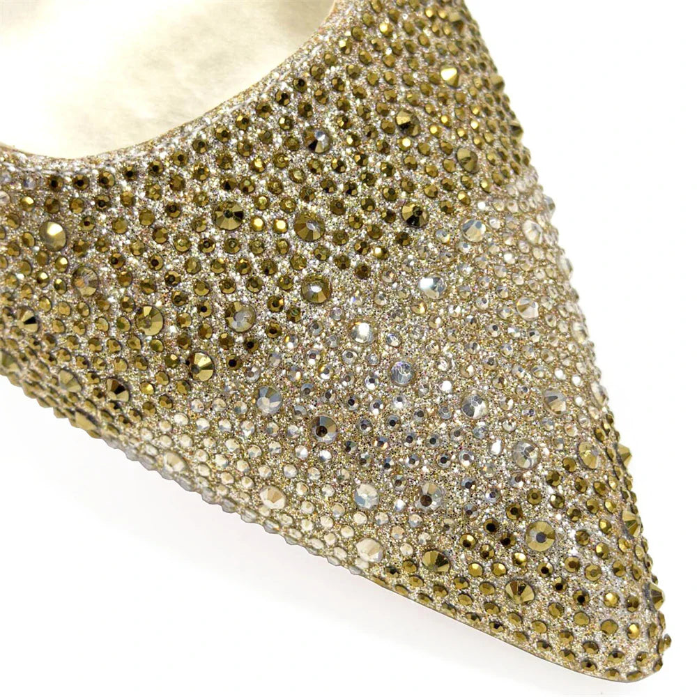 Elegant High Heels Shoes and Bag Set for Women Pointed Toe Black Color Hollow Rhinestones Matching Bag