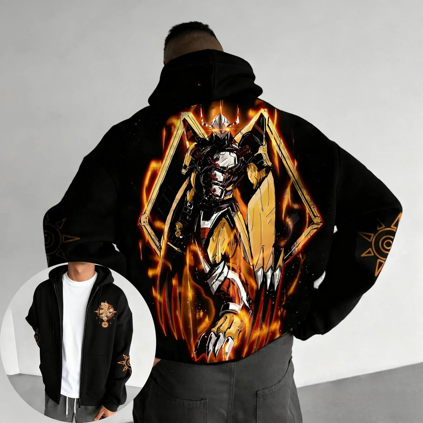 Zipper Hoodie Men's Autumn/Winter New War Greymon Anime Printed American Trend Y2K Casual Loose Sweater Top