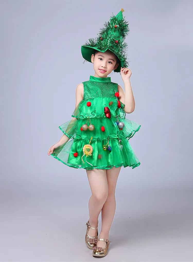 2 4 6 8 10 Yrs Fancy Christmas Tree Dress for Little Girls Xmas Party New Year Frock Kids Santa Claus Lovely Pinetree Ball Gown
