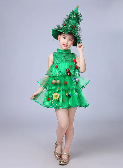 2 4 6 8 10 Yrs Fancy Christmas Tree Dress for Little Girls Xmas Party New Year Frock Kids Santa Claus Lovely Pinetree Ball Gown