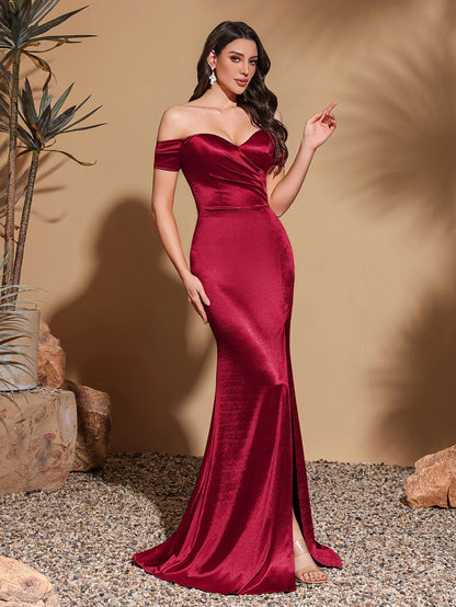 Off-the-shoulder high slit, floor-length back, satin hip-hugging party dress