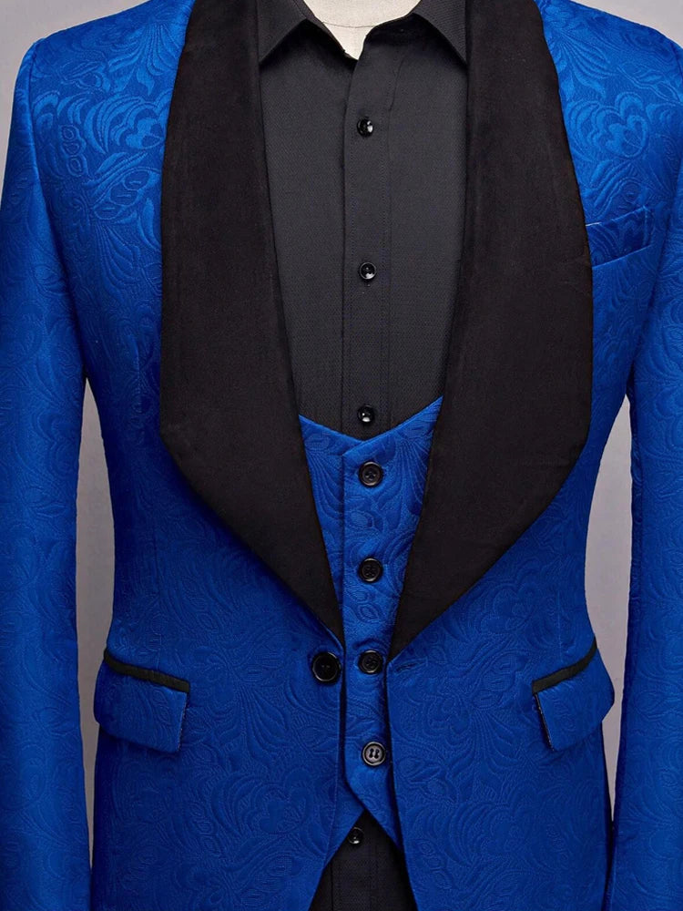 Men's three-piece floral jacquard slim-fitting suit set, including paisley pattern suit jacket, vest, and pants, suitable for ba