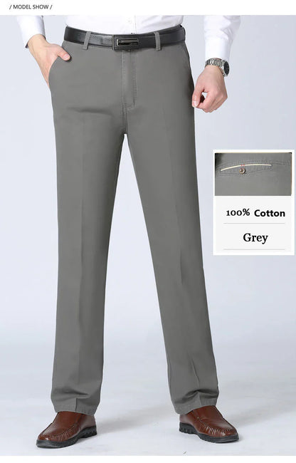 Men's Spring Autumn 100% Cotton Middle-aged Business Trousers Straight Slacks High Waist Dad's Thin Thick Casual Male Suit Pants
