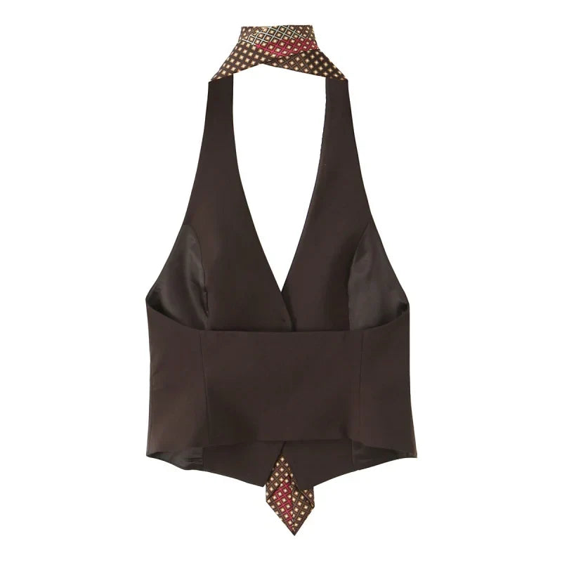 Summer Halter Neck Sleeveless Backless With Tie Decoration Tank Tops Women Buttons Decoration Versatile Tops Female Sexy Wear