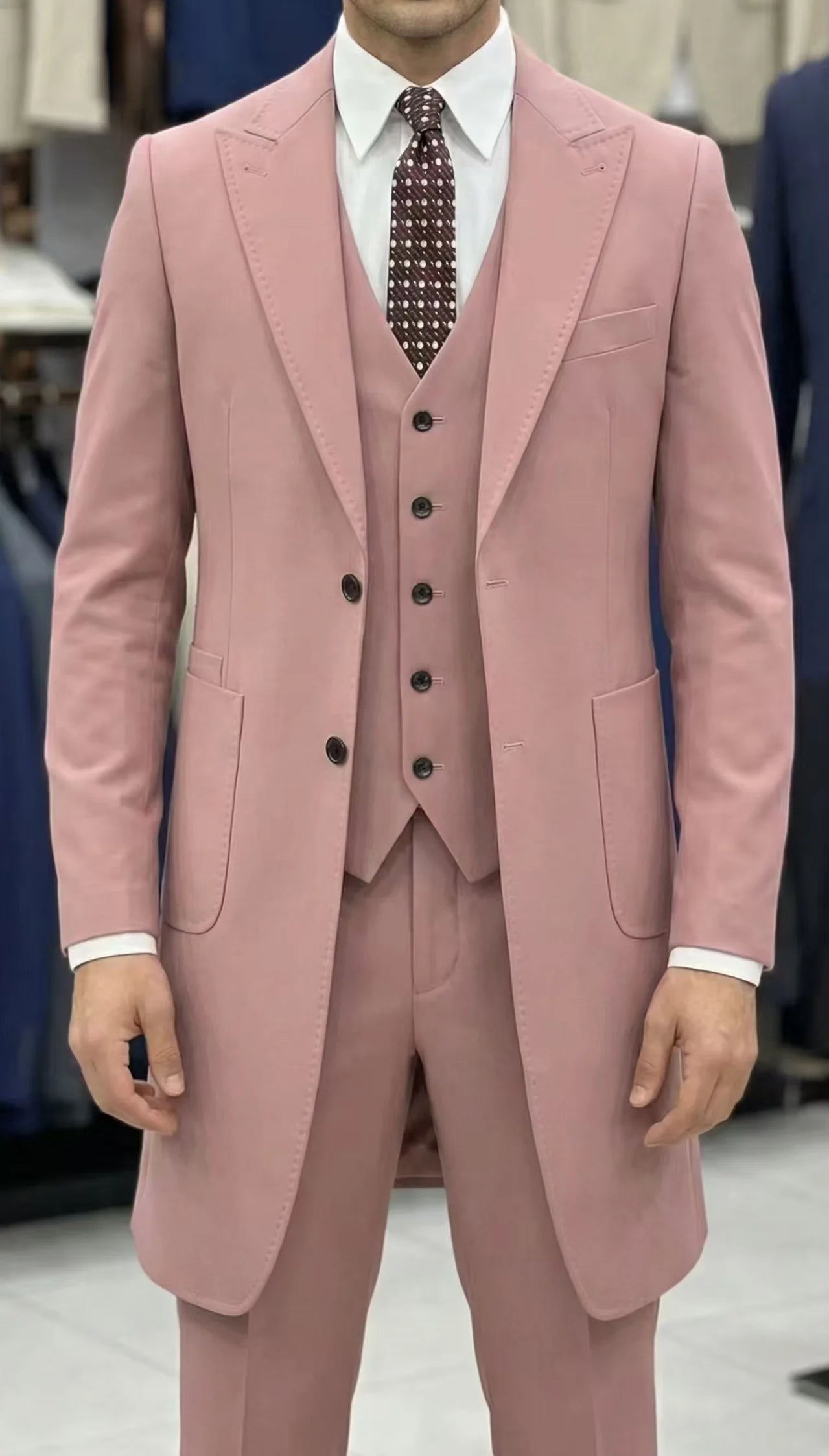2026 New Fashion Men's Burgundy Blue 3-Piece Suit Long Blazer Vest Pants Set  Set Slim Fit Formal Wedding Groom