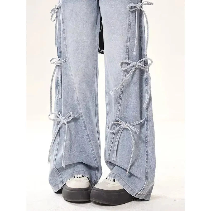 Women Vintage Streetwear Bow Bandage Wide Leg Denim Pants