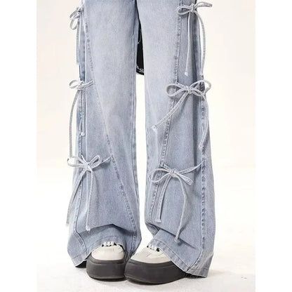 Women Vintage Streetwear Bow Bandage Wide Leg Denim Pants