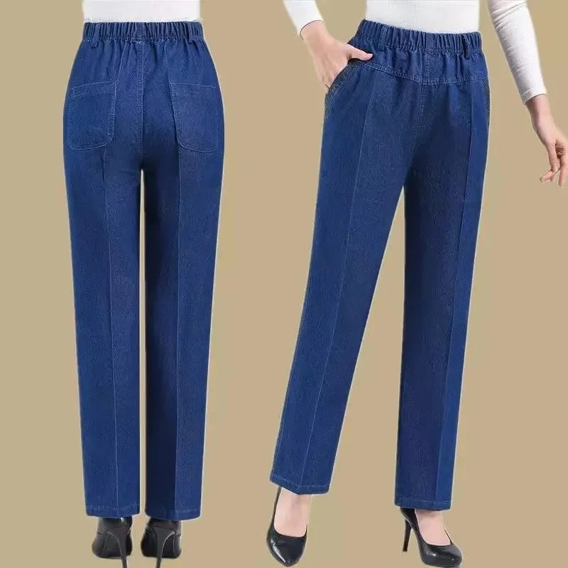 Women's Jeans Embroidered Pockets Elastic waist Mom Pants