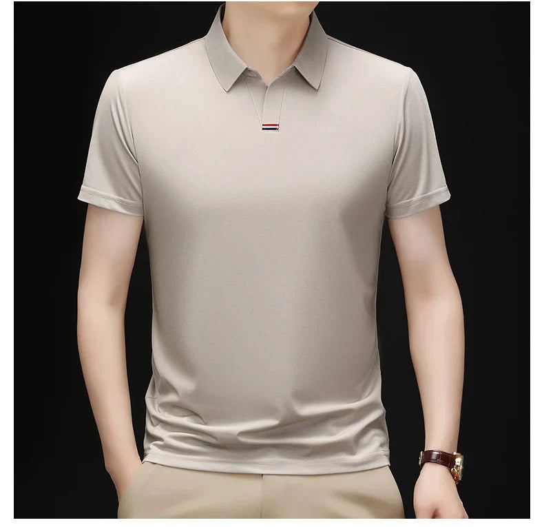 High quality brand solid color V-neck short sleeve polo shirt men summer fashion simple casual ice silk breathable lapel T-shirt
