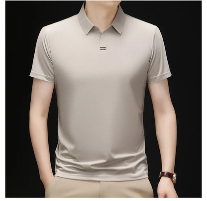 High quality brand solid color V-neck short sleeve polo shirt men summer fashion simple casual ice silk breathable lapel T-shirt