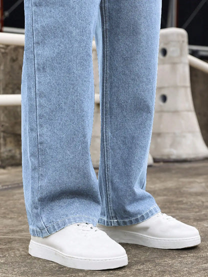 Men's Light Blue Washed Wide-Leg Jeans, Loose Straight Fit, Trendy Casual Style for All Seasons