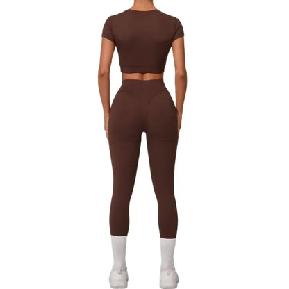 Gym Workout Yoga Fitness Sports Suit Short-sleeved Top Padded-free High-waisted Hip-lifting Trousers Outdoors Leisure Sportswear