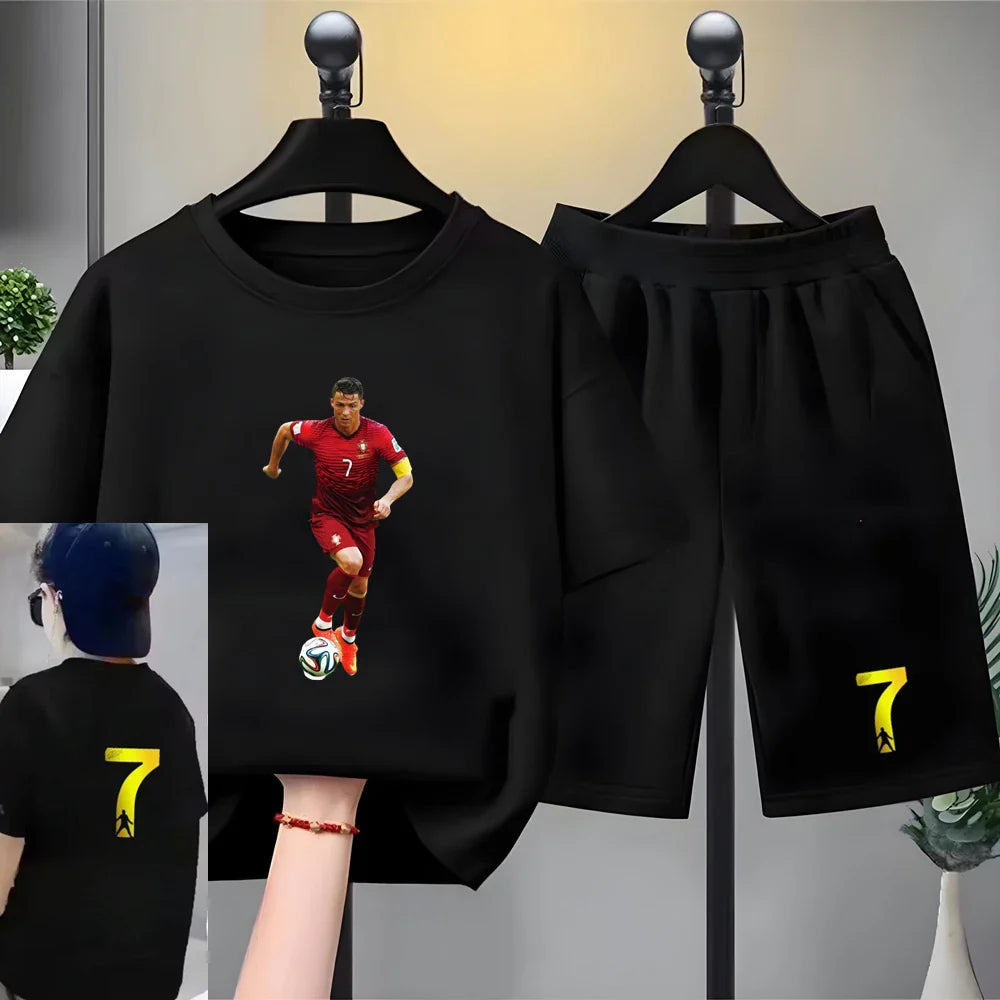 Children Football Player Player No. 7 Print Clothing Short-sleeved T-shirt+Shorts Boys Girls Toddler 3-12Yrs Sports Set Summer