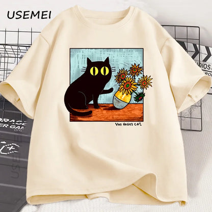 T Shirts Men Women Flower Black Cat T-shirt Round Neck Cotton Short Sleeve Trendy Tee Shirt Streetwear