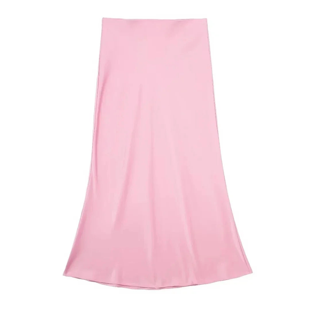 2024 Y2K Casual Women Long Skirt Spring Elastic High Waisted A-Line Casual Female Satin Skirts High Street Lady Skirts