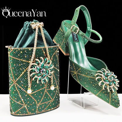 Ladies Elegant Pointed Toe Shoes with shiny Metal Stand Bag Women Party Shoes or Commuting Shoes and Bag Set