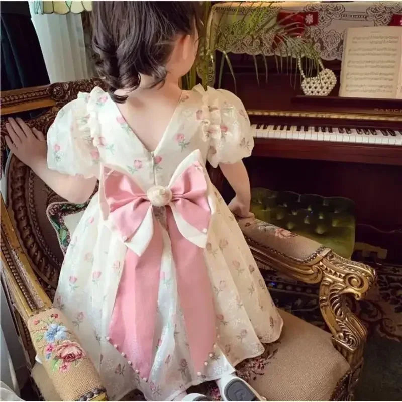 Summer Girls 1-8 Years Floral Roses Princess Dress Lace Tiered Bow Back Pearl Accented Knee-Length Party Birthday Celebration