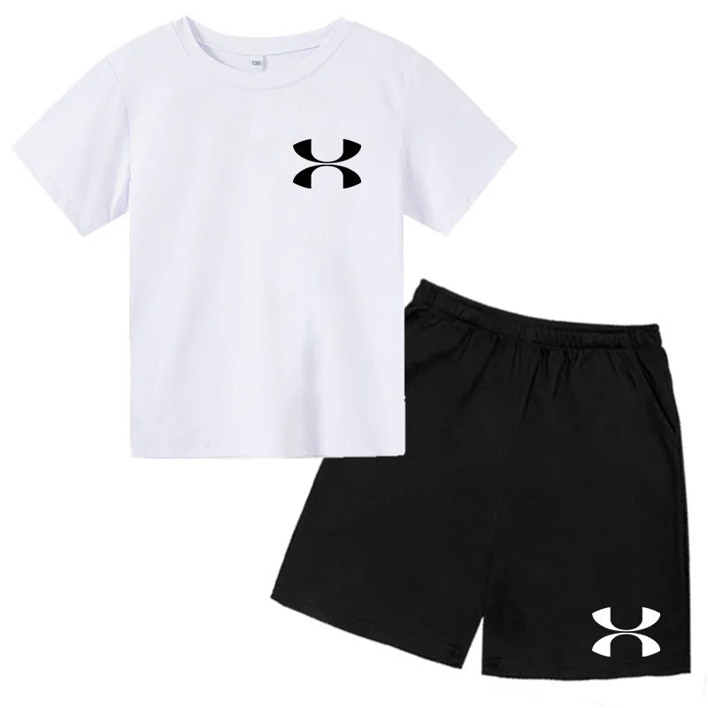 Fashion Two-Piece Casual t-shirt Set Kids  Summer Sports Short-Sleeved Boy Girl 3-13Yrs  T-shirt +Shorts