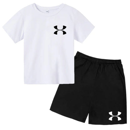 Fashion Two-Piece Casual t-shirt Set Kids  Summer Sports Short-Sleeved Boy Girl 3-13Yrs  T-shirt +Shorts