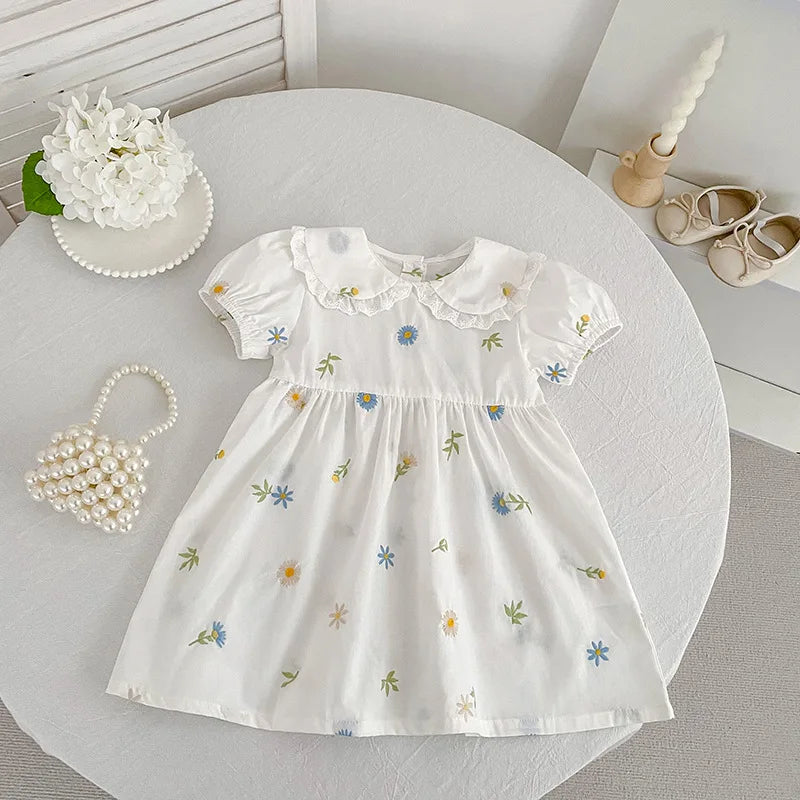 2026 Girls Dress Korean Edition Summer New 2-6Yrs Cotton Embroidered Flower Short Sleeve Girls' Dress Cute Dress