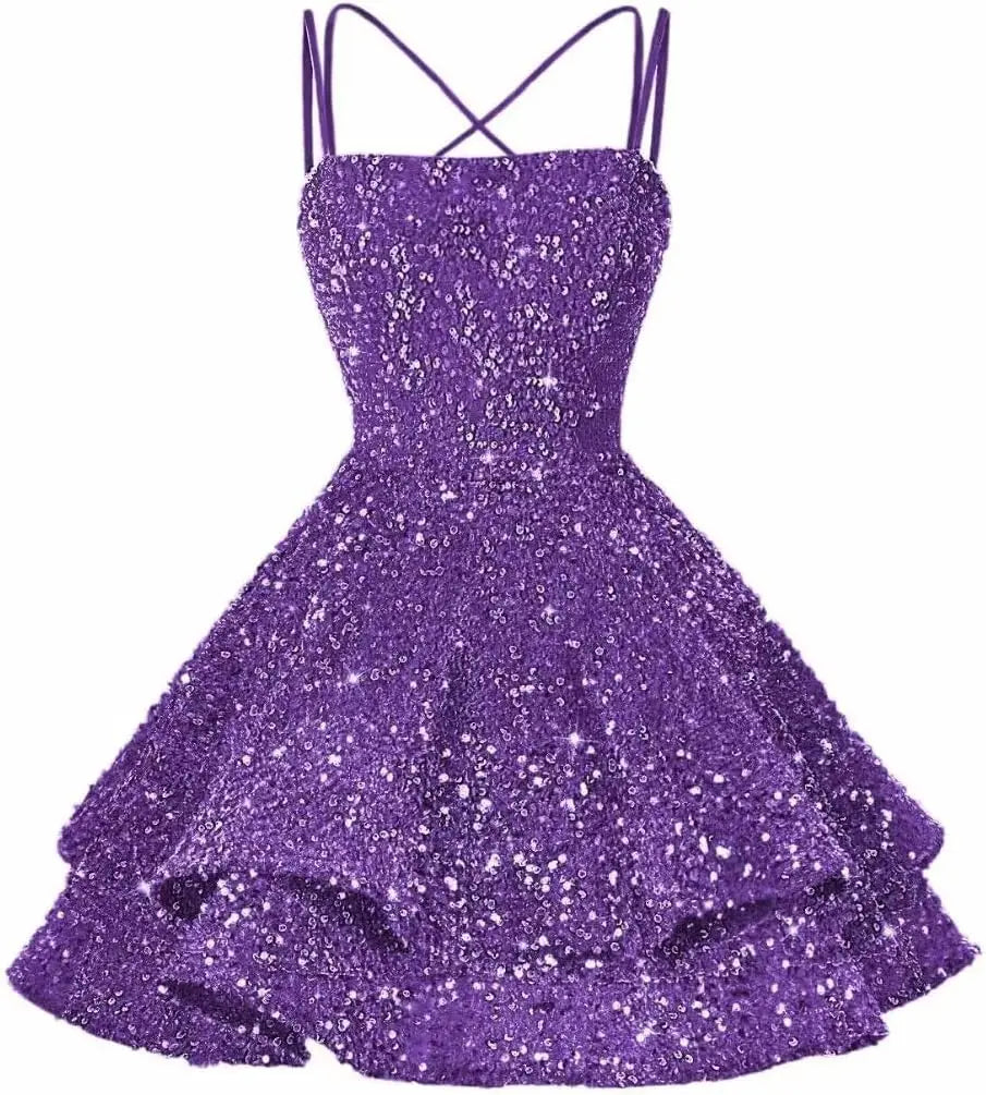 Sequin Short Square Neck Homecoming Dress for Teen Sparkly Prom Dress Sweet 16 Photo Shoot Cocktail Gowns Graduation Dress
