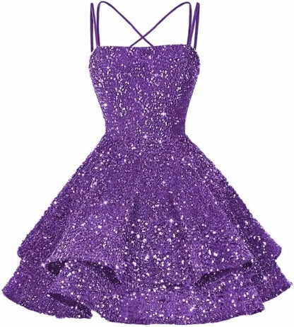 Sequin Short Square Neck Homecoming Dress for Teen Sparkly Prom Dress Sweet 16 Photo Shoot Cocktail Gowns Graduation Dress