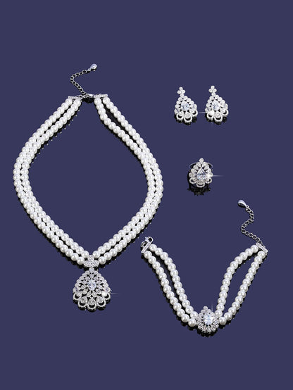 Trendy Pearl Tassel Necklace 4PCS Jewelry Set For Women Wedding Party Full Zircon Dubai Bridal Jewelry Set Gift