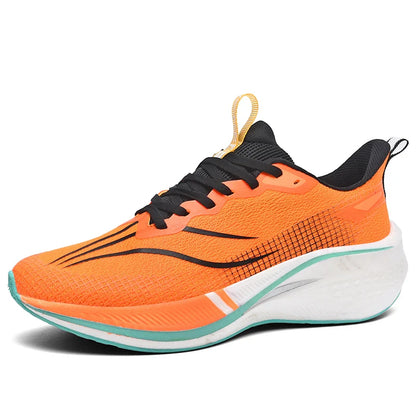Sapatos de corrida esportivos casuais masculinos e femininos de moda com superfície de malha respirável, suporte de placa de carbono e sola de borracha resistente ao desgaste