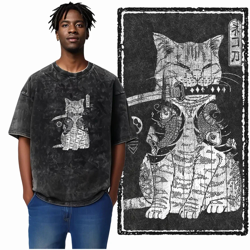 cat Printed Cotton Acid Washed Exclusive Graphic Unisex T Shirt Cool Streetwear Men Tshirts Big Size Tee for men