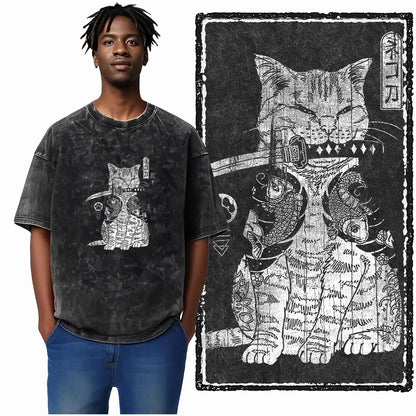 cat Printed Cotton Acid Washed Exclusive Graphic Unisex T Shirt Cool Streetwear Men Tshirts Big Size Tee for men