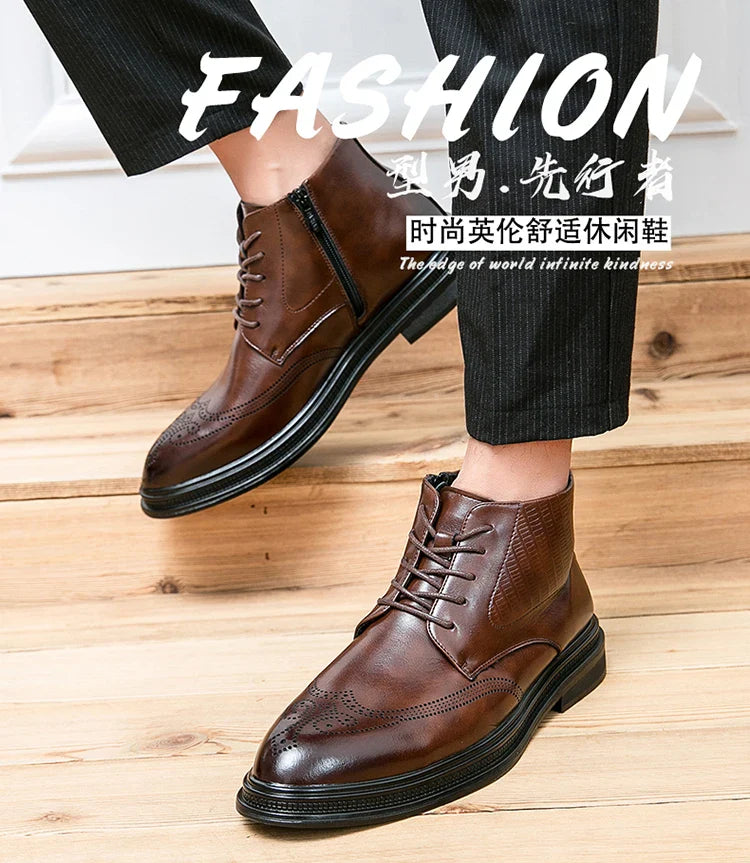Men Pu Leather High Top Boots With Side Zipper Block Carving Design Business Casual And Handmade Ankle Boots