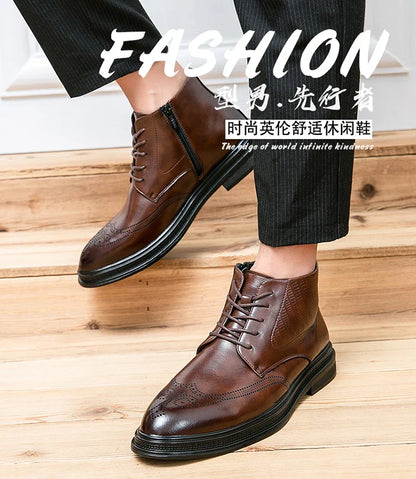 Men Pu Leather High Top Boots With Side Zipper Block Carving Design Business Casual And Handmade Ankle Boots