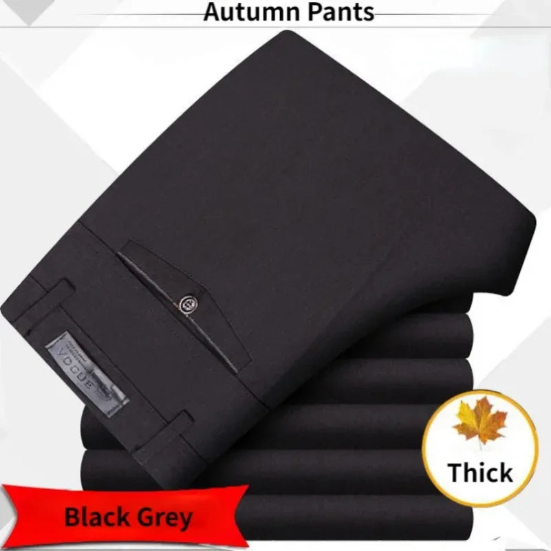Mens Autumn Thick  Summer Thin Casual Pants Straight Formal Long Trouser Adult Solid Color Flat Design Suit Pant Business GOZBKF