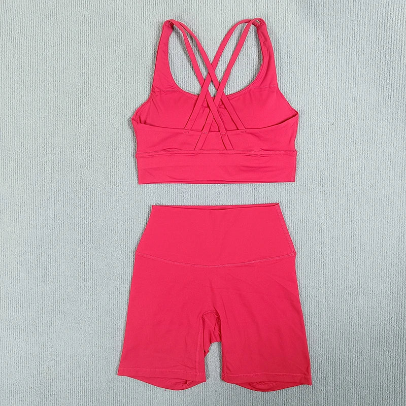 Women's 2-Piece Yoga Set Tights Shorts For Woman Cross Back Bra Top + High Waist Shorts Fitness Running Workout Tracksuit