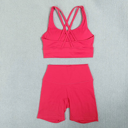 Women's 2-Piece Yoga Set Tights Shorts For Woman Cross Back Bra Top + High Waist Shorts Fitness Running Workout Tracksuit