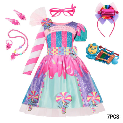 New Candy Dress Lollipop Cosplay Costume Rainbow Dress Carnival Purim Party Princess Dress Long Short Sleeves Candies Dresses