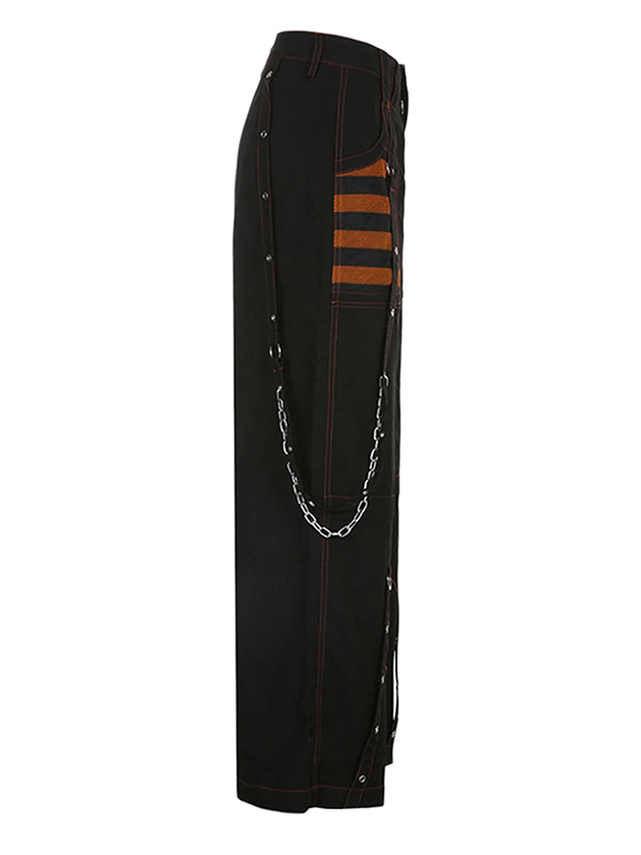 Women Fall Winter Cargo Jeans Striped Zipper Button Closure Loose Casual Trousers Streetwear with Pockets