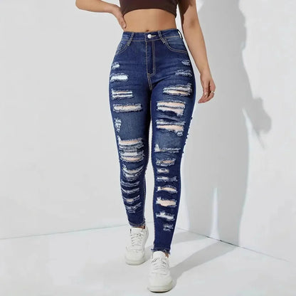 Denim Pants with Hole And Frayed Hem Fashion Casual Trousers