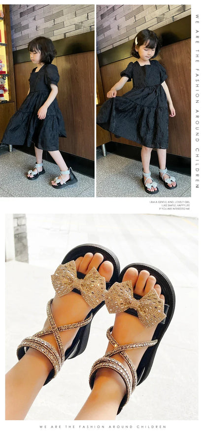Girls' Shiny Cool Rhinestone Bowknot Children's Sandals 2023 Summer Open-toe Versatile Kids Fashion Back Zipper Casual Shoes New