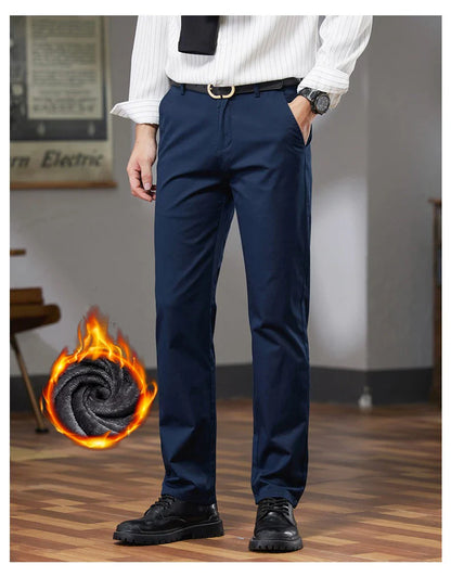 Fleece Winter Casual Pants Men Straight Stretch Soft Warm Velvet Trousers Comfortable Fashion Slim Plush Business Male Pants